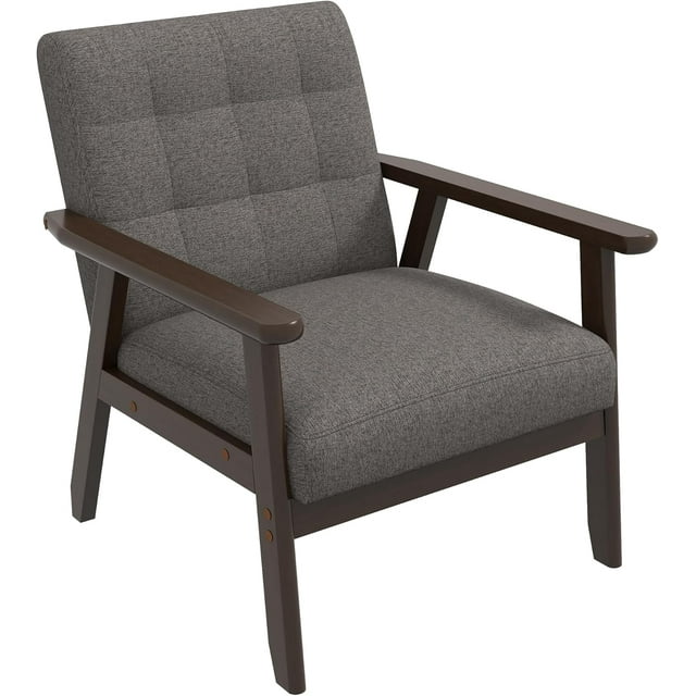 Westice Accent Chair 1PC, Mid-Century Modern Living Room Chairs with Solid Wood Frame & Soft Thicken Cushion, Upholstered Arm Reading Chair for Bedroom, Balcony, Grey Linen Fabric & Black Legs