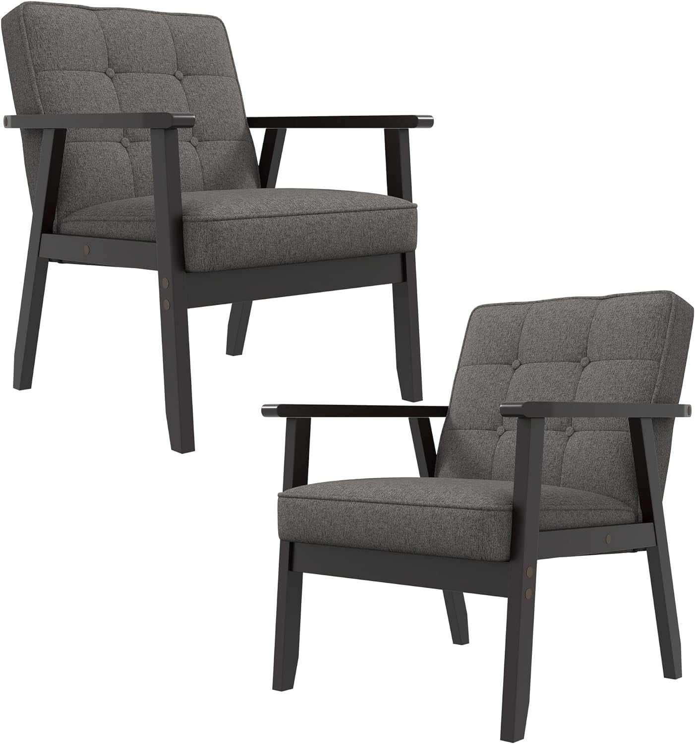 Westice Accent Chair Set of 2, Mid-Century Modern Living Room Chairs with Solid Wood Frame & Soft Thicken Cushion, Upholstered Arm Reading Chair for Bedroom, Balcony, Grey Linen Fabric & Black Legs