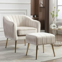 Westice Accent Chair with Ottoman, Upholstered Arm Chair Velvet Sofa Chair for Living Room Bedroom, Beige