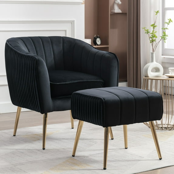 Westice Accent Chair with Ottoman, Upholstered Arm Chair Velvet Sofa Chair for Living Room Bedroom, Black
