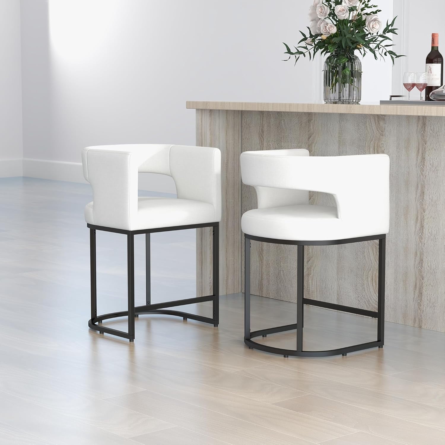 Westice Counter Height Stools Set of 2 for Kitchen Island, 25" Barral Bar Stools with Backrest, Black Metal Frame, Upholstered Linen Fabric Seat for Pub, Club, Dining Room, Beige