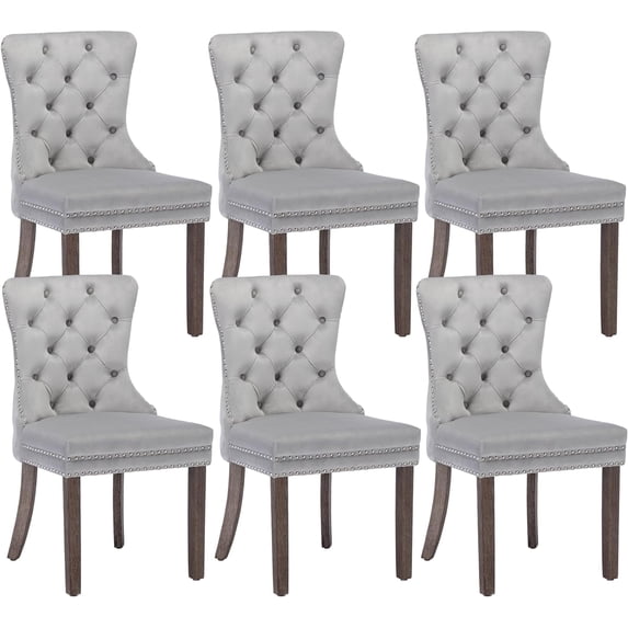 Westice Dining Chair Set of 6, Velvet Wingback Tufted Chairs for Dining Room with Nailhead Rivet Trim Design Pull Ring on Backrest Wood Legs, Light Gray