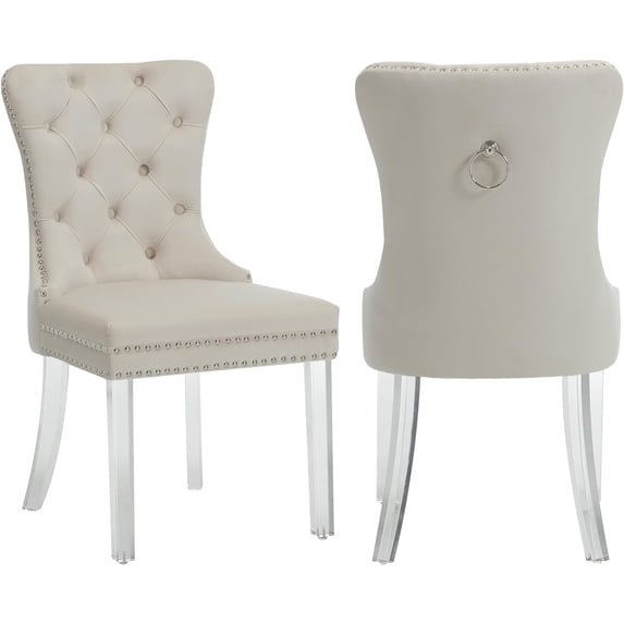 Westice Dining Chairs Set of 2, Button Tufted Velvet Chairs for Kitchen, Mid-Century Armless Chairs with Rivet Trim Metal Pull Ring Large Back Acrylic Legs, Beige