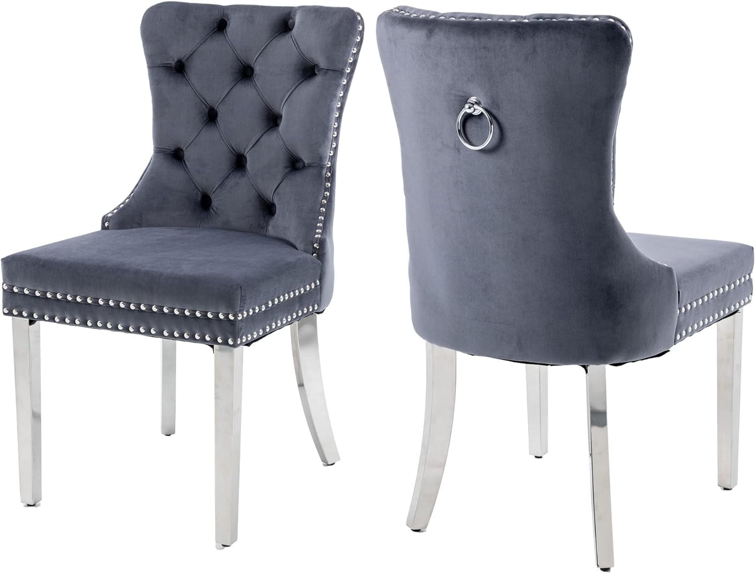 Light Gray Velvet Upholstered Dining Chairs with Stainless Steel Legs