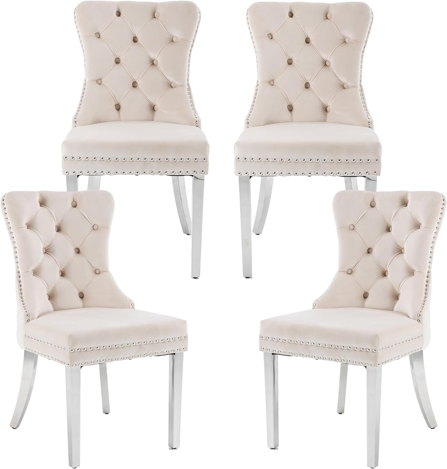 Westice Dining Room Chairs Set of 4, Button Tufted Velvet Chairs with Modern Stainless Steel Legs, Rivet Trim Metal Pull Ring Large Back for Kitchen Dining Room Restaurant, Beige