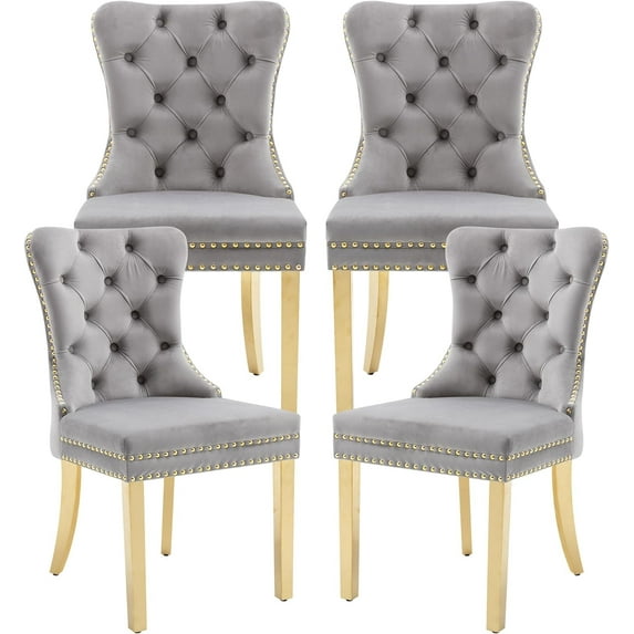 Westice Dining Room Chairs Set of 4, Tufted Velvet Chairs with Golden Stainless Legs, Rivet Trim Metal Pull Ring Large Back for Kitchen Dining Room Restaurant, Light Gray