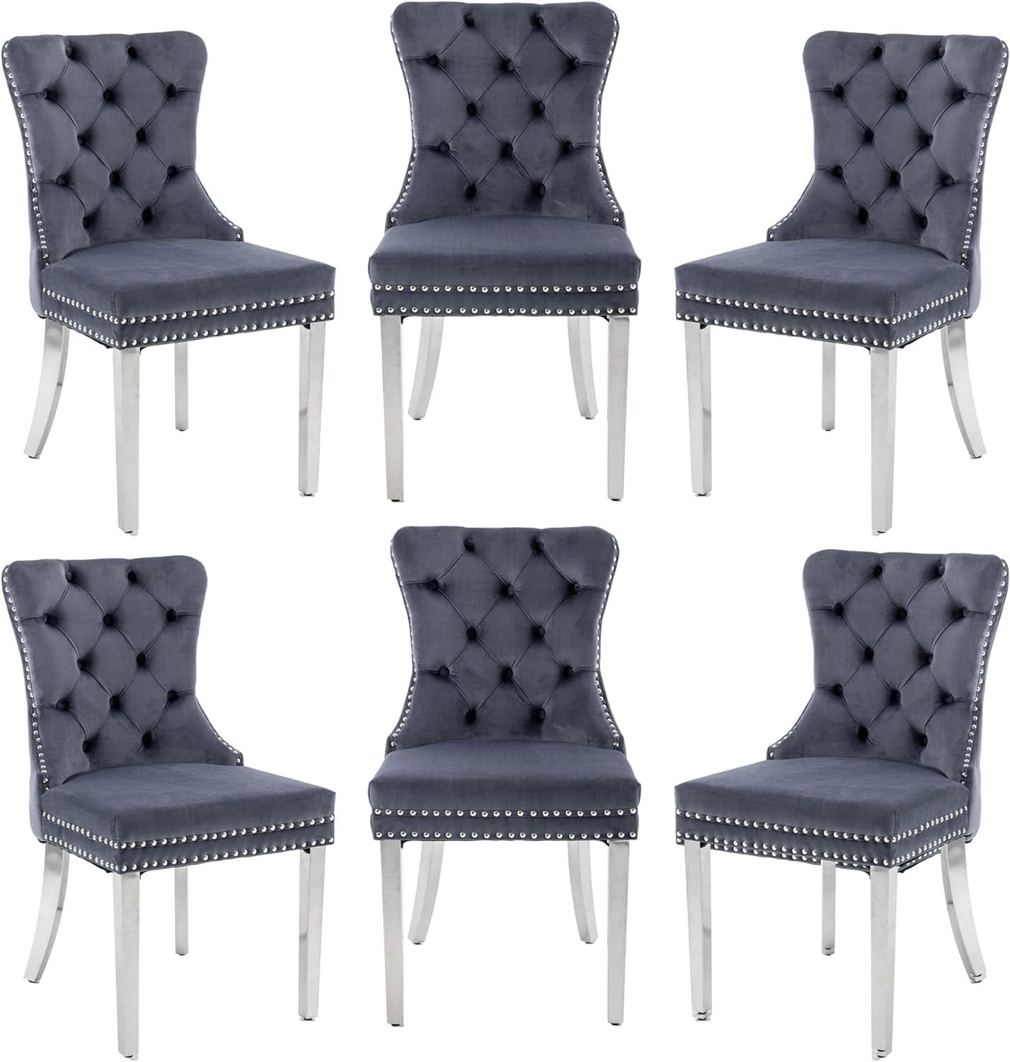 Gray Velvet Tufted Upholstered Side Chair with Silver Metal Legs, Set of 6