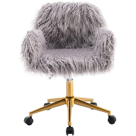 Westice Fluffy Desk Chair, Faux Fur Home Office Chair, Fuzzy Swivel Armchair with Wheels, Height Adjustable Sturdy Base for Girls Women Vanity Makeup Dressing Room, Bedroom, Gray