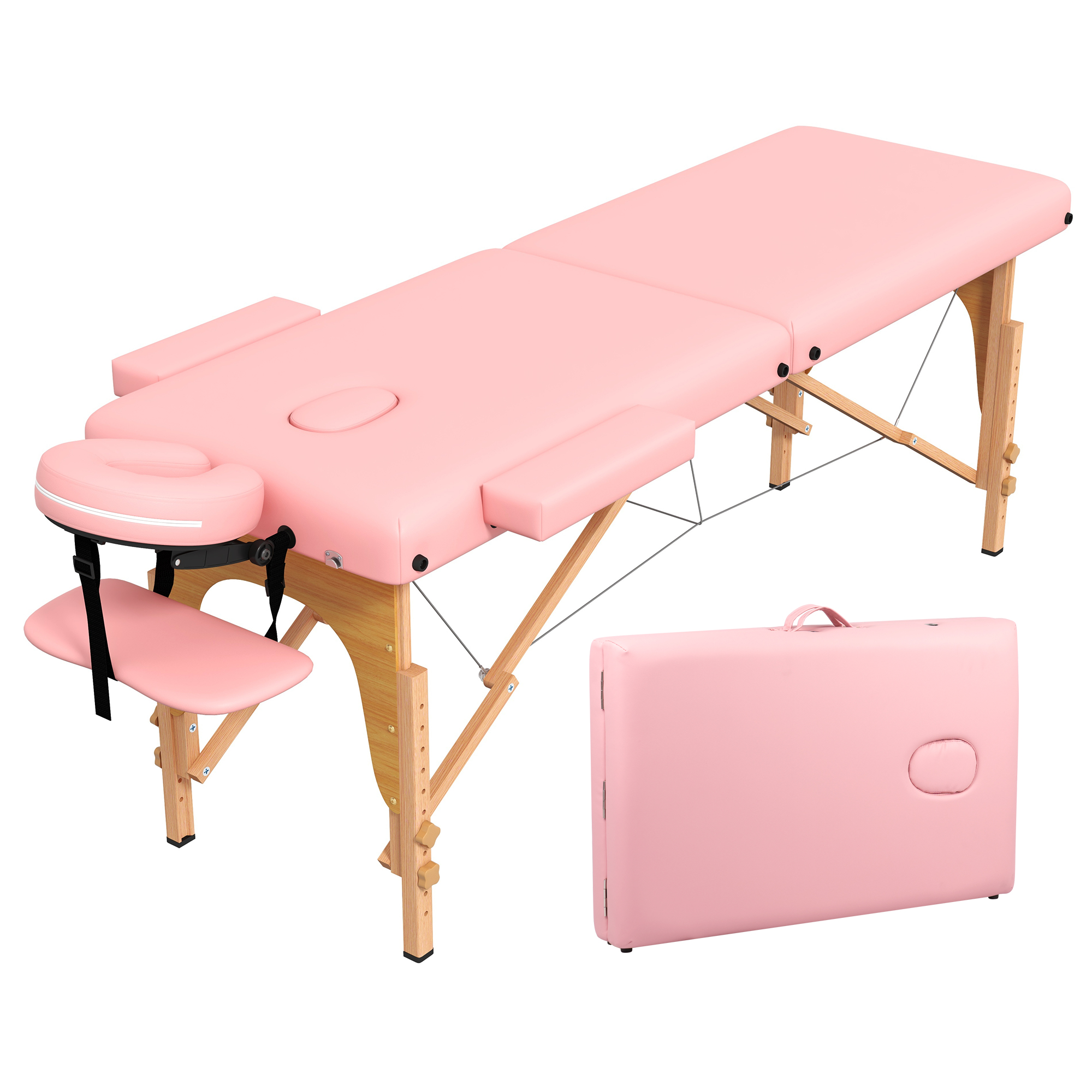 Westice Portable 2-Section Foldable Massage Table with Adjustable Height Face Cradle and Wood Frame Ideal for Spa Tattoo Lash and Facial Services  Light Pink