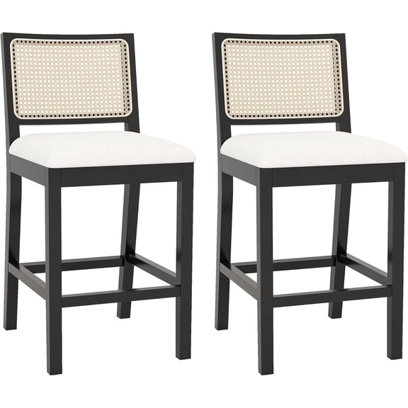 Westice Rattan Bar Stools Set of 2, 26" Farmhouse Counter Height Stools with Cane Back and Wood Frame, Upholstered Line Fabric Seat Cushion, Wooden Chairs for Kitchen Island/Pub, Black