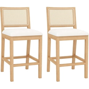 Westice Rattan Bar Stools Set of 2, 26" Farmhouse Counter Height Stools with Natural Rattan Back and Wood Frame, Upholstered Line Fabric Seat Cushion, Wooden Stools for Kitchen Island/Pub, Natural