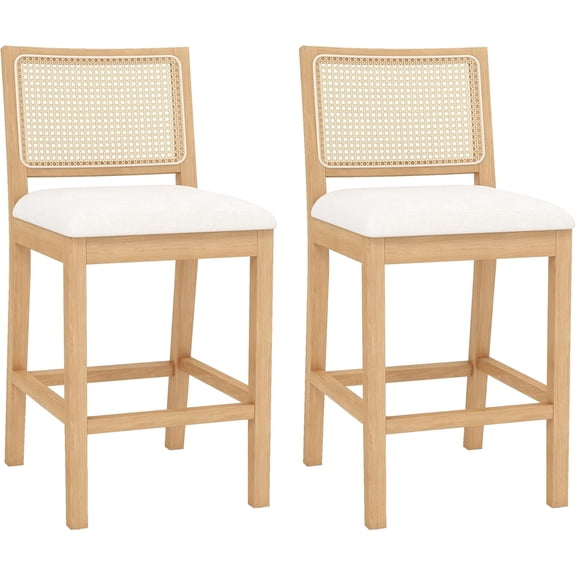 Westice Rattan Bar Stools Set of 2, 26" Farmhouse Counter Height Stools with Natural Rattan Back and Wood Frame, Upholstered Line Fabric Seat Cushion, Wooden Stools for Kitchen Island/Pub, Natural