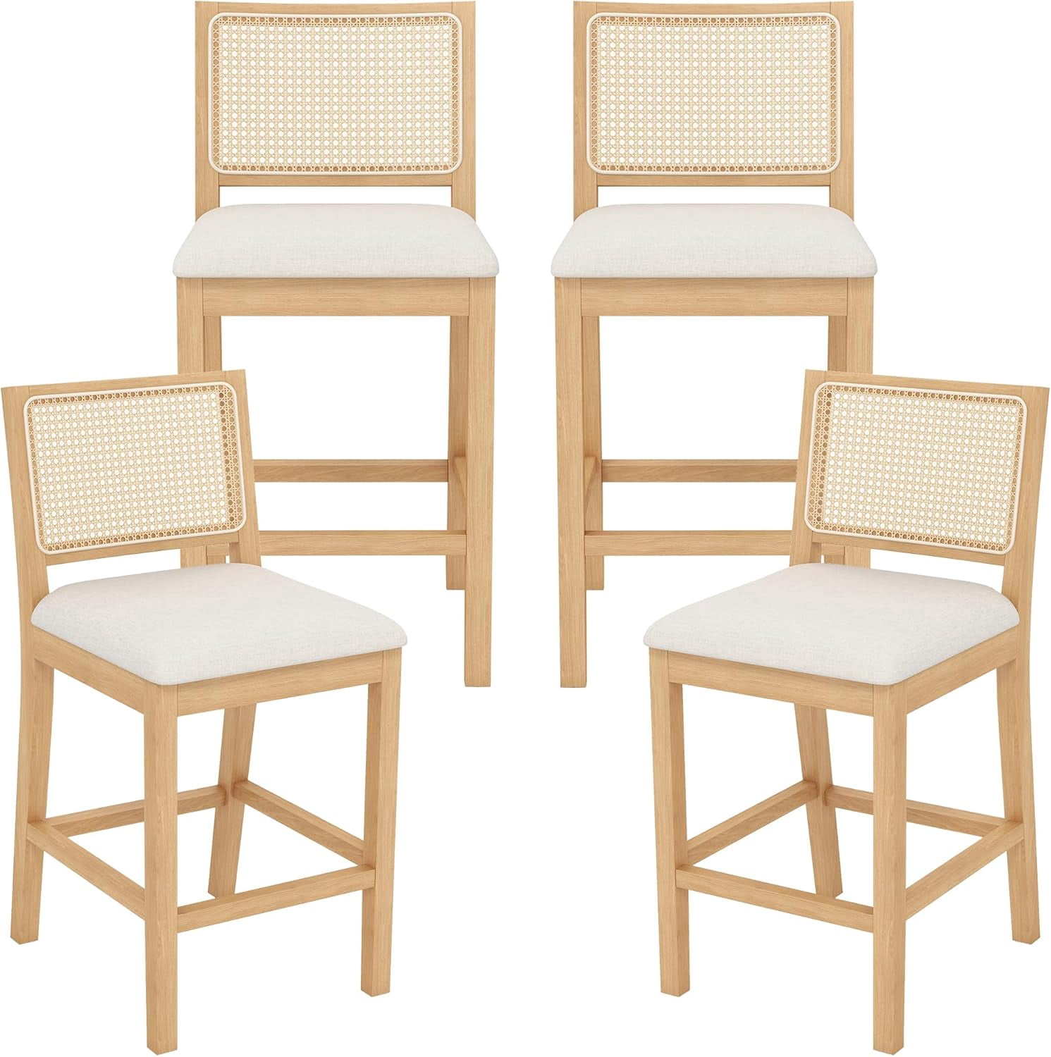 Westice Rattan Bar Stools Set of 4, 26" Farmhouse Counter Height Stools with Natural Rattan Back and Wood Frame, Upholstered Line Fabric Seat Cushion, Wooden Stools for Kitchen Island/Pub, Natural