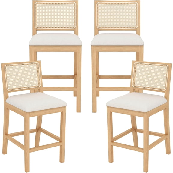 Westice Rattan Bar Stools Set of 4, 26" Farmhouse Counter Height Stools with Natural Rattan Back and Wood Frame, Upholstered Line Fabric Seat Cushion, Wooden Stools for Kitchen Island/Pub, Natural