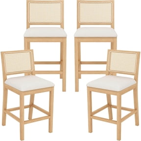 Westice Rattan Bar Stools Set of 4, 26" Farmhouse Counter Height Stools with Natural Rattan Back and Wood Frame, Upholstered Line Fabric Seat Cushion, Wooden Stools for Kitchen Island/Pub, Natural