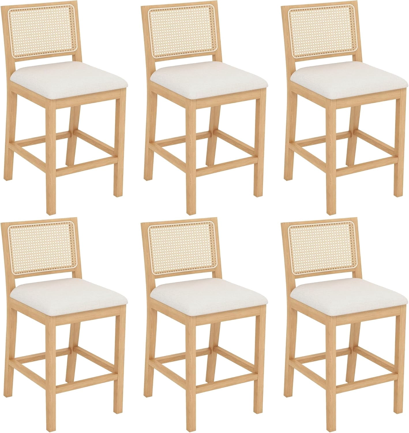 Westice Rattan Bar Stools Set of 6, 26" Farmhouse Counter Height Stools with Natural Rattan Back and Wood Frame, Upholstered Line Fabric Seat Cushion, Wooden Stools for Kitchen Island/Pub, Natural
