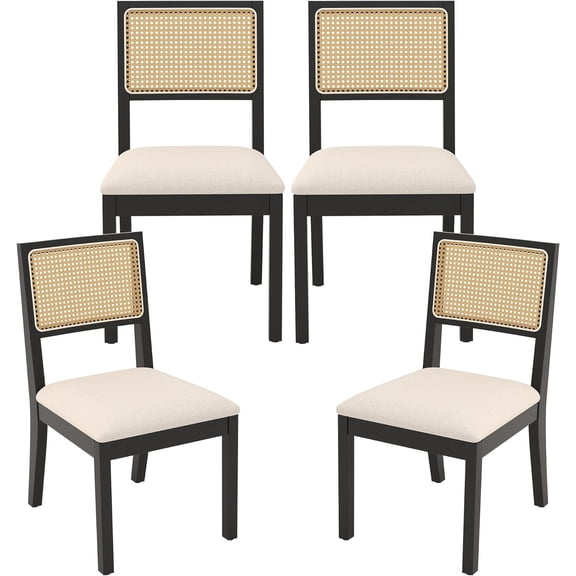 Westice Rattan Dining Chairs Set of 4, Farmhouse Natural Dining Room Chairs with Upholstered Cushion, Wood Armless Chairs for Kitchen/Restaurant, Black