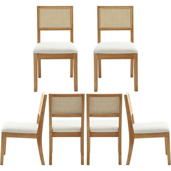 Westice Rattan Dining Chairs Set of 6, Farmhouse Natural Dining Room Chairs with Upholstered Cushion, Wood Armless Chairs for Kitchen/Restaurant