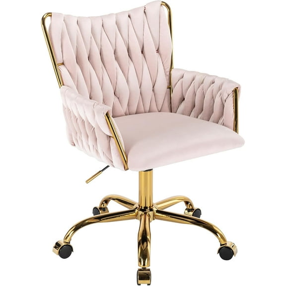 Westice Velvet Desk Chair, Home Office Gold Comfy Chair with Hand Woven Back, Height Adjustable Swivel Chair with Comfy Upholster for Makeup Vanity Living Room Bedroom, Light Pink