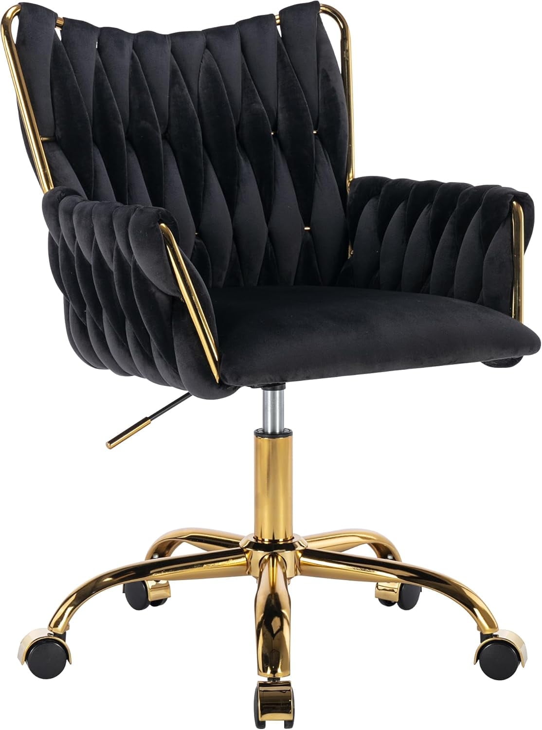 Westice Velvet Desk Chair, Home Office Gold Comfy Chair with Hand Woven High Back, Height Adjustable Swivel Chair with Comfy Upholster for Makeup Vanity Living Room Bedroom, Black