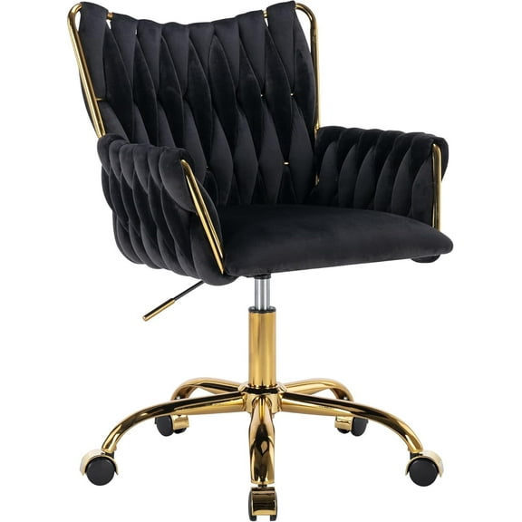 Westice Velvet Desk Chair, Home Office Gold Comfy Chair with Hand Woven High Back, Height Adjustable Swivel Chair with Comfy Upholster for Makeup Vanity Living Room Bedroom, Black