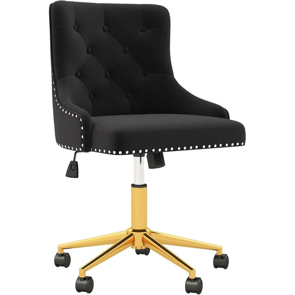 Westice Velvet Desk Chairs, Upholstered Swivel Comfy Makeup Vanity Chair with Tufted Back, Gold Metal Base & Wheels, Height Adjustable Chair for Girls, Bedroom Living Room, Black
