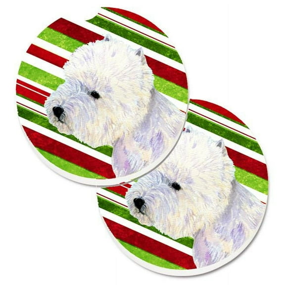 Westie Candy Cane Holiday Christmas Set of 2 Cup Holder Car Coaster