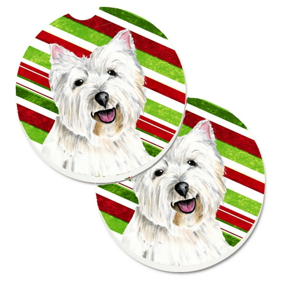 Westie Candy Cane Holiday Christmas Set of 2 Cup Holder Car Coasters