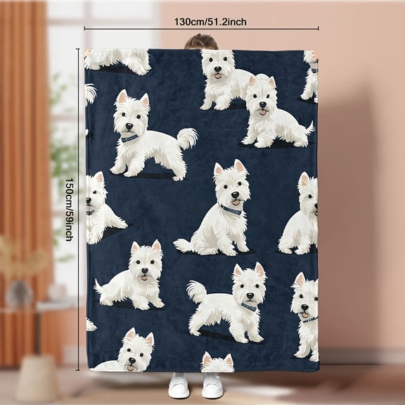 Westie Dog Flannel Blanket - Navy Blue & White Retro Pattern, Ultra Soft Lightweight Throw for All Seasons, Home Decor, Bed, Sofa, Travel & Office