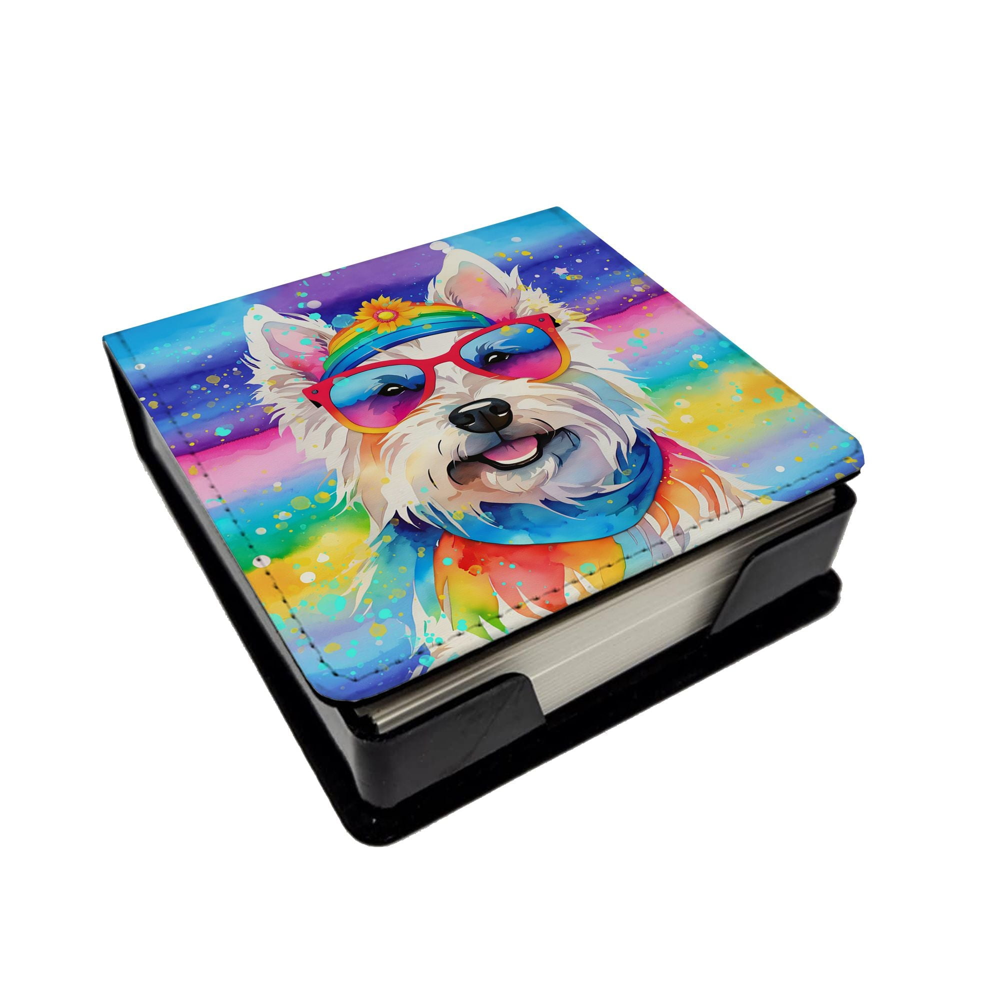 Westie Hippie Dawg PU Leather Note Paper Holder with -Designed Cover  Desk Accessory  Office Gift