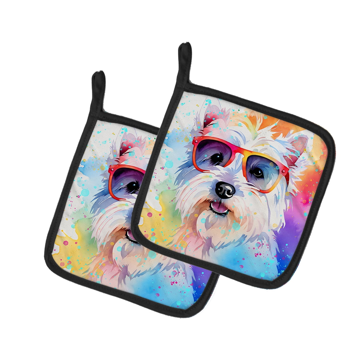 Westie Hippie Dawg Pair of Pot Holders 7.5 in x 7.5 in