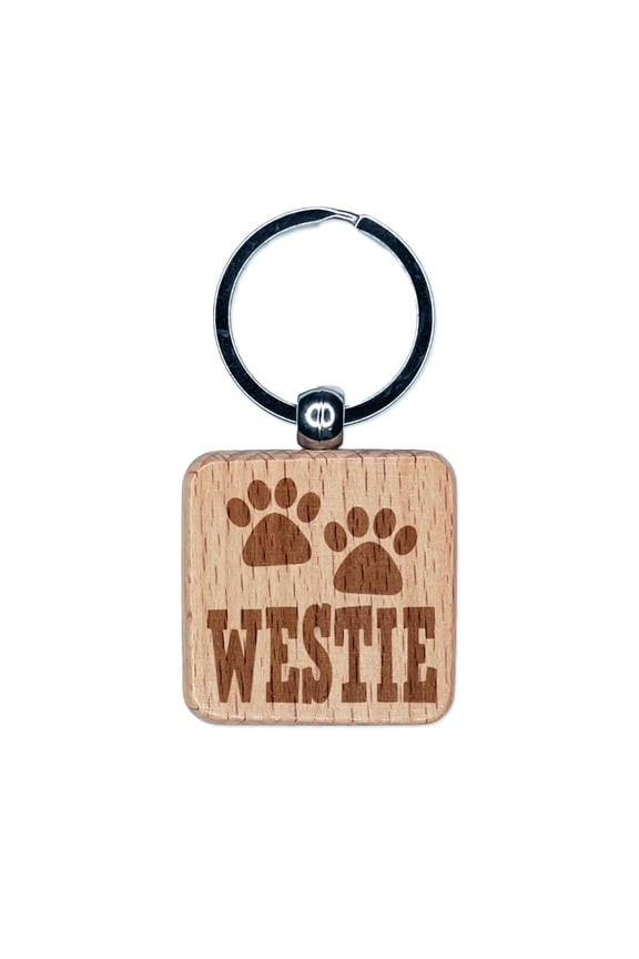 Westie West Highland White Terrier Dog Paw Prints Fun Text Square Keychain Charm Tag - Engraved Wood