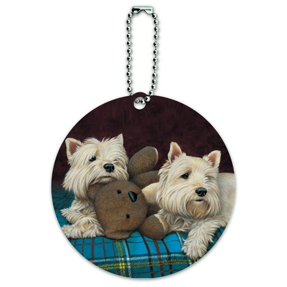 Westie West Highland White Terrier Dogs Teddy Bear Round Luggage ID Tag Card Suitcase Carry-On
