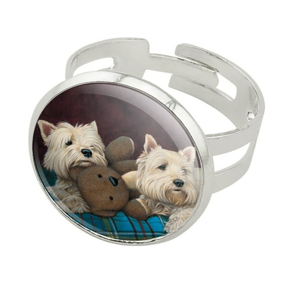 Westie West Highland White Terrier Dogs Teddy Bear Silver Plated Adjustable Novelty Ring
