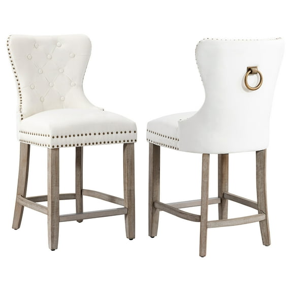 Westin Outdoor 24" Tufted Velvet Bar Stool (Set of 2), Antique Gray/Velvet Cream