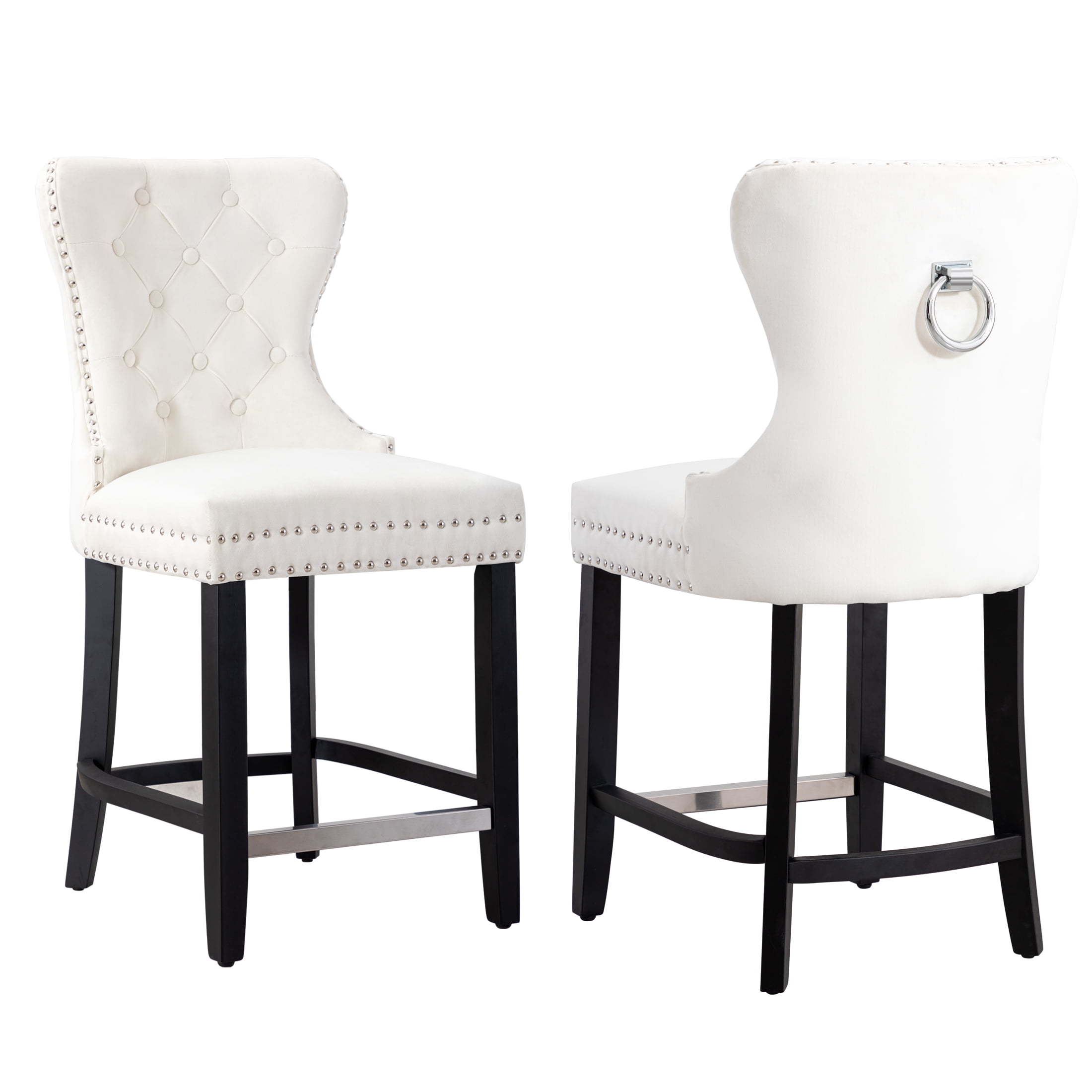 Westin Outdoor 24" Tufted Velvet Bar Stool (Set of 2), Black/Velvet Cream