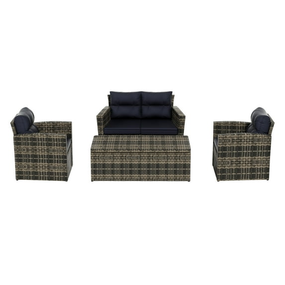 Westin Outdoor 4-Piece Patio Conversation Sofa Set with Back Cushion PE Rattan Wicker, Brown/Navy Blue