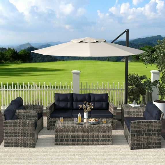 Westin Outdoor 6-Pieces Sofa Conversation Set PE Rattan Wicker Furniture, Brown/Navy Blue