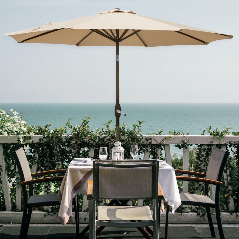 9 ft steel crank and tilt patio umbrella in cafe Cabana ft. Table with features Umbrella base is not included. Runesay 9 ft. 3-Tiers Steel