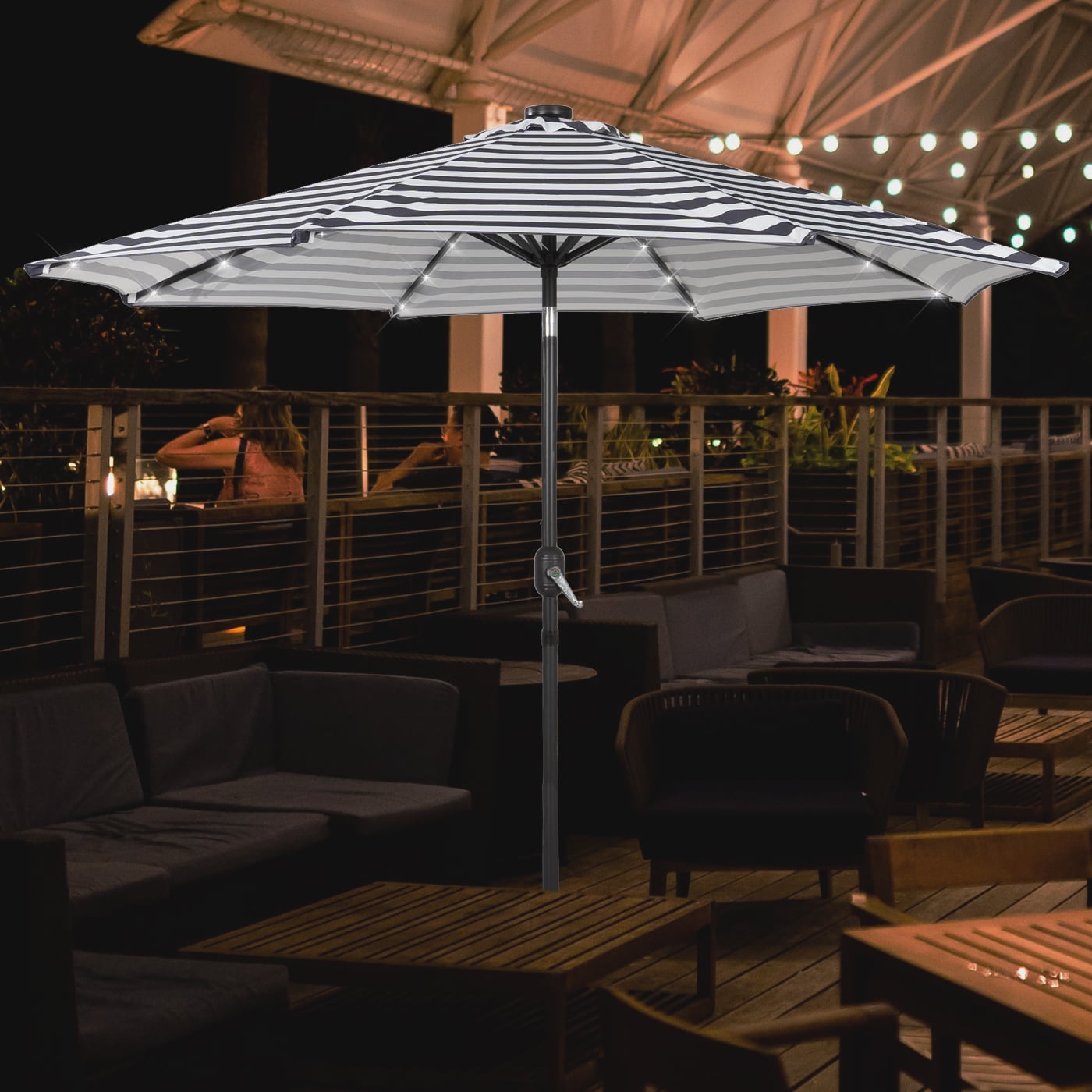 Gray and White Striped 9-Foot Solar LED Patio Umbrella with Tilt and Crank