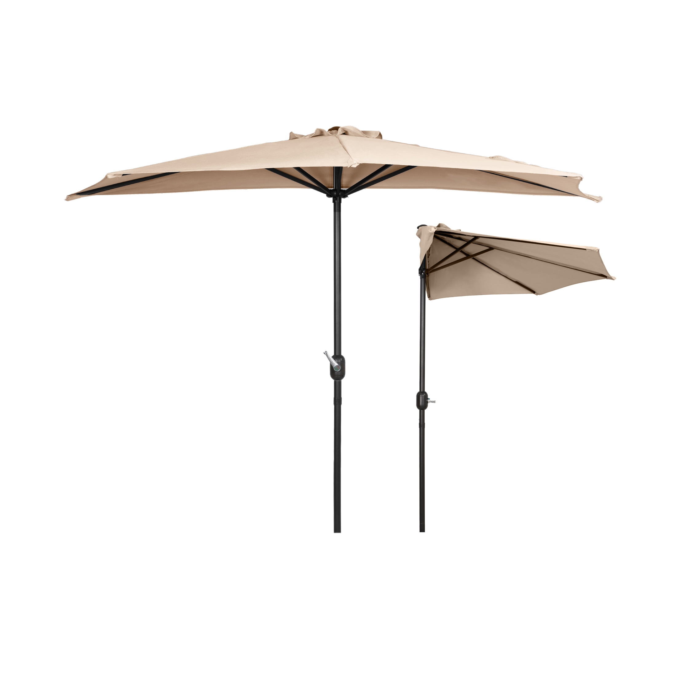 Beige 9-Foot Half-Round Steel Patio Umbrella with Crank Lift