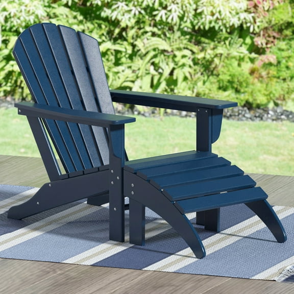 Westin Outdoor Adirondack Patio Chair with Ottoman Footrest, Navy Blue