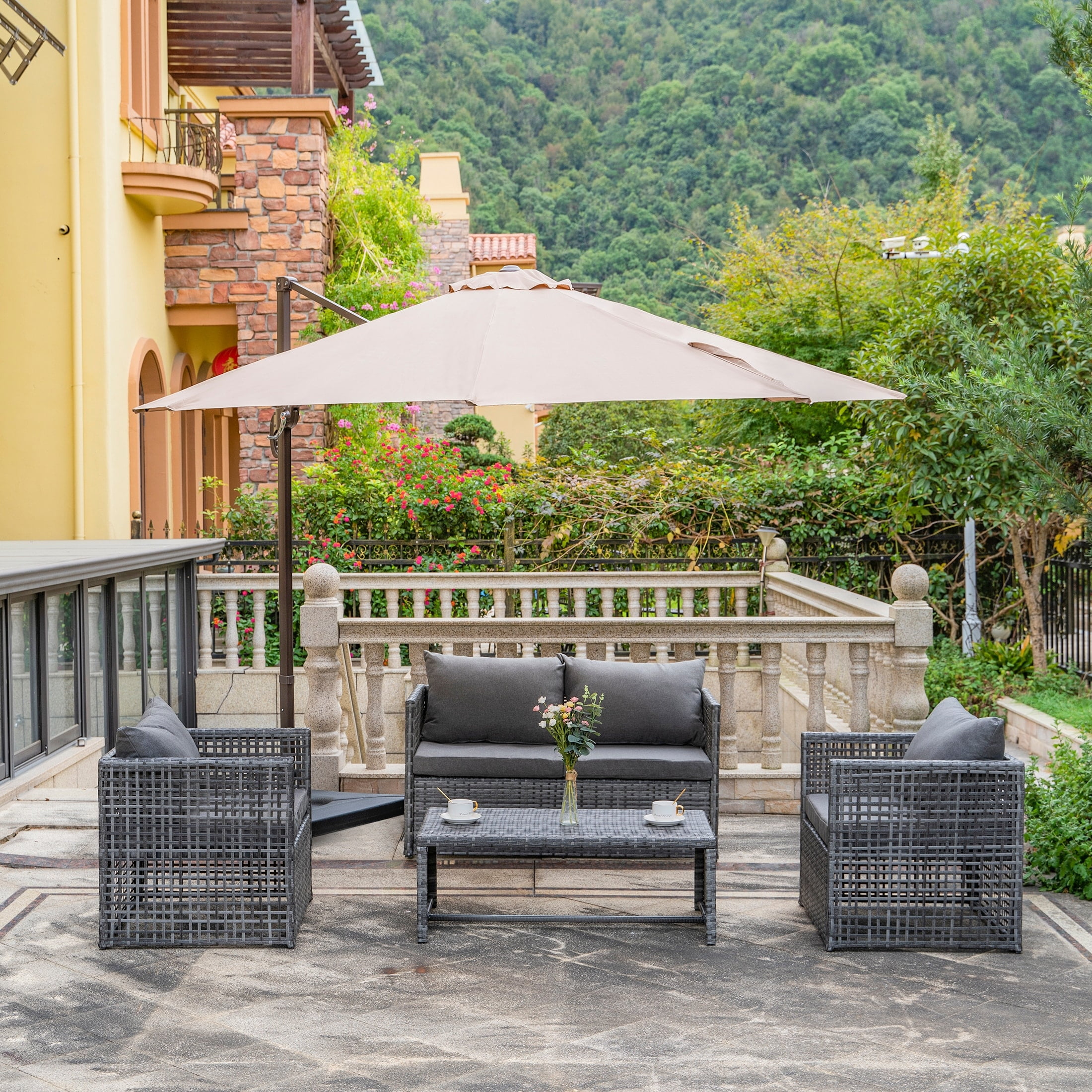 Gray 4-Piece Cushioned Rattan Patio Furniture Set with Steel Frame