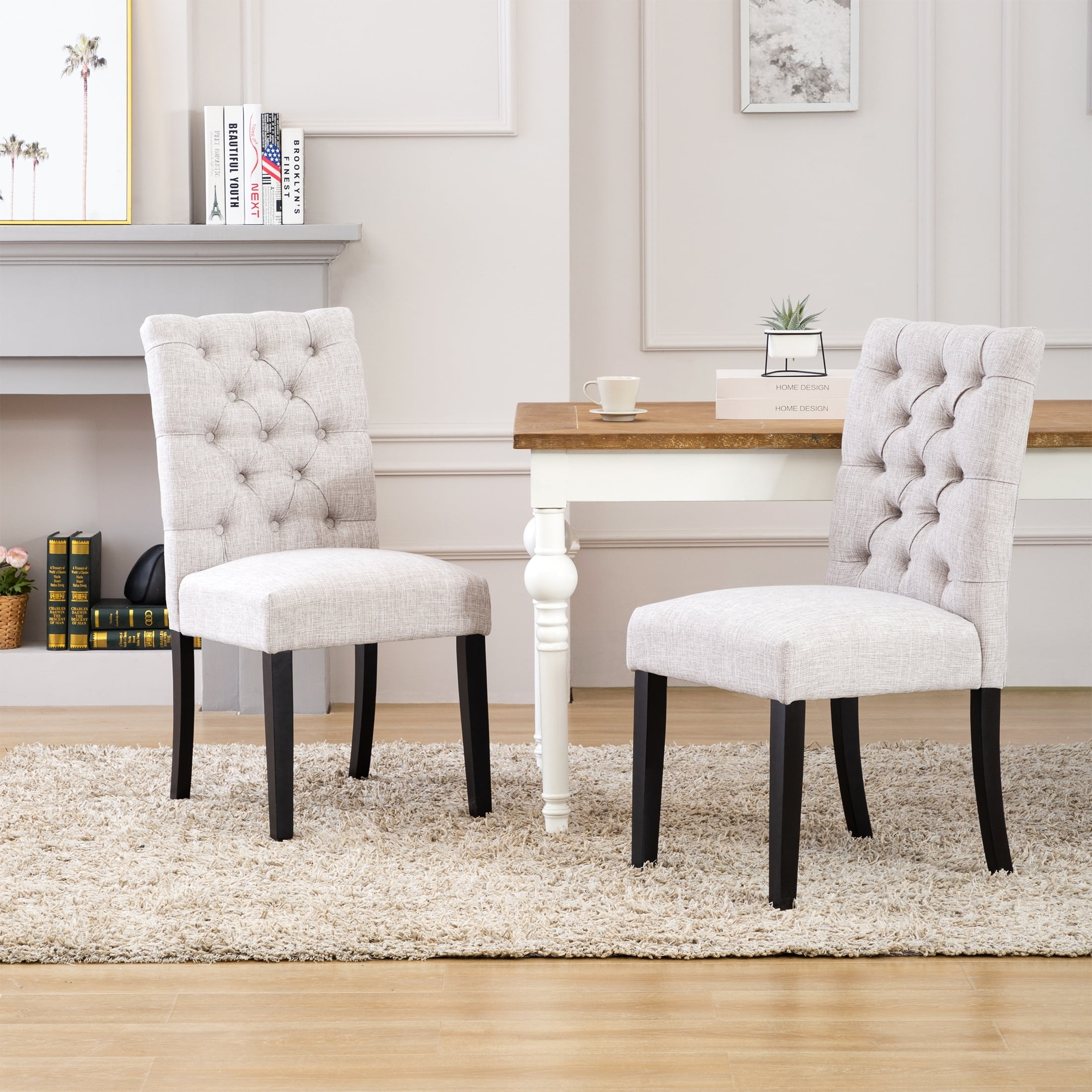 Polytrends Grandview Tufted Upholstered Linen Fabric Dining Chair Light Gray