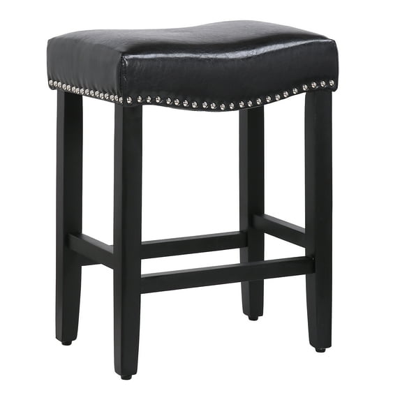 Westin Outdoor Yazan 24" Upholstered Bar Stool with Nail Head Trim, Black/Leather