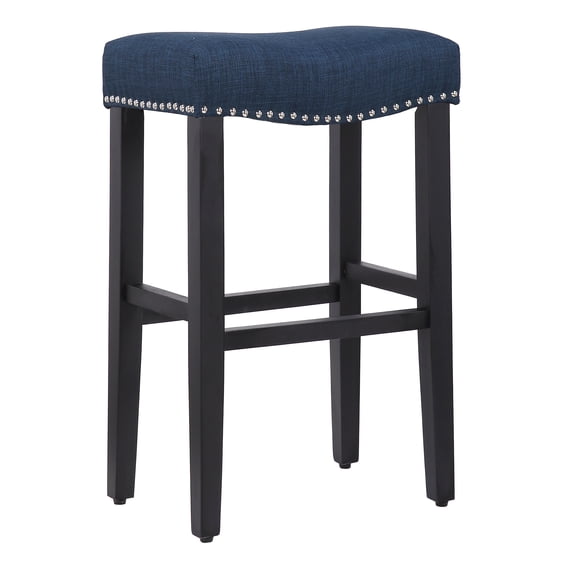 Westin Outdoor Yazan 29" Upholstered Bar Stool with Nail Head Trim, Black/Navy Blue