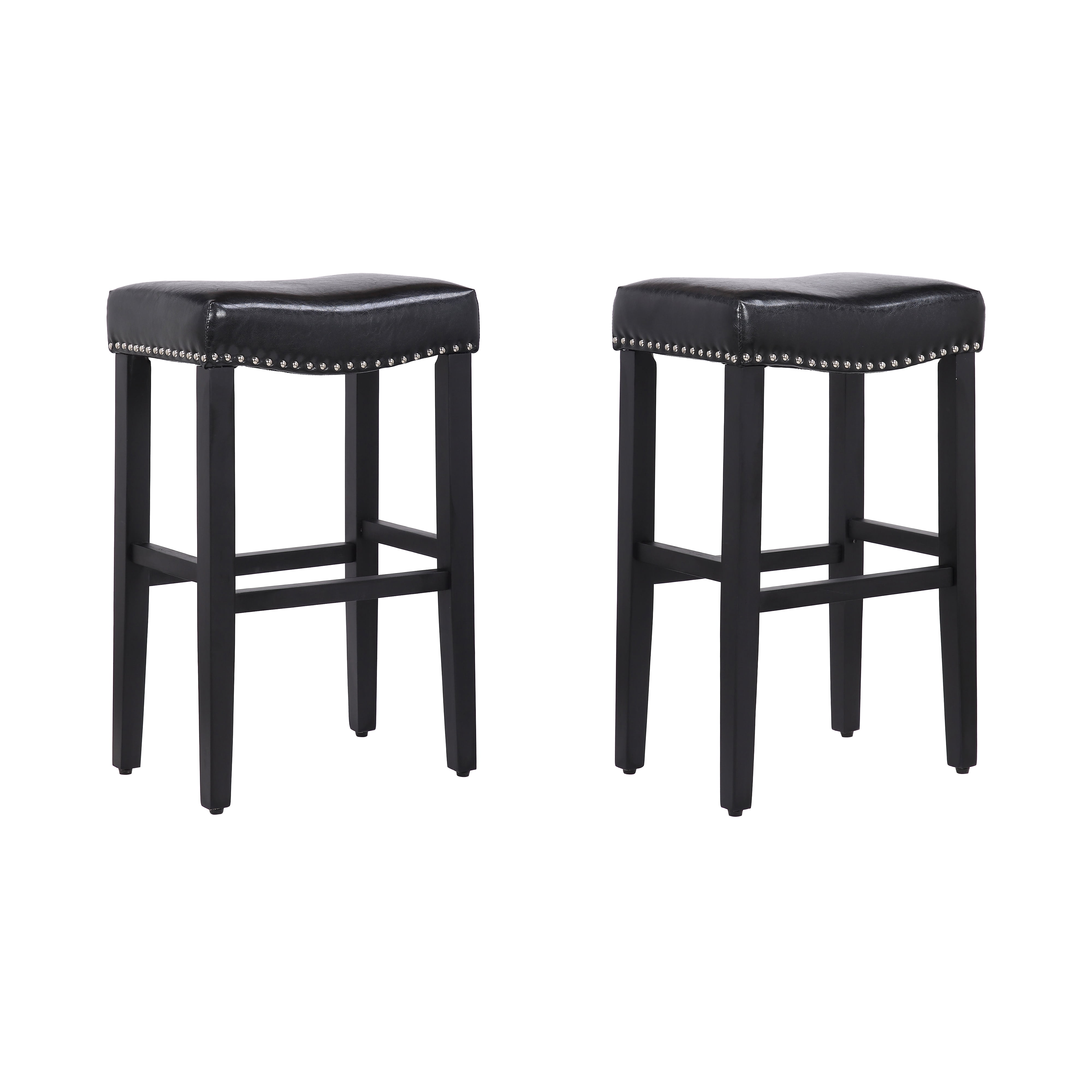 Westin Outdoor Yazan 29" Upholstered Counter Stool with Nail Head Trim (Set of 2), Black/Leather