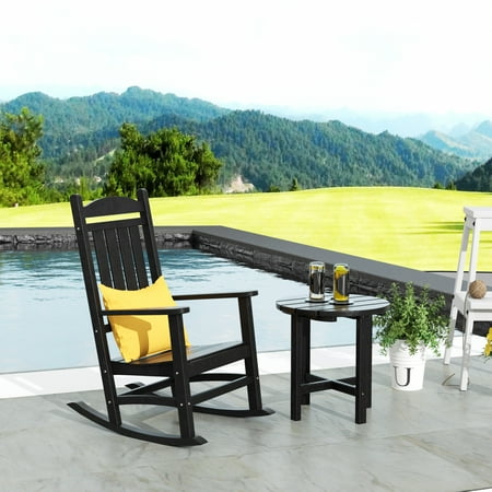 WestinTrends Malibu Classic 2 Piece Outdoor Rocking Chair Set, All Weather Poly Lumber Adirondack Rocker Patio Deck Porch Chair with Side Table, Black
