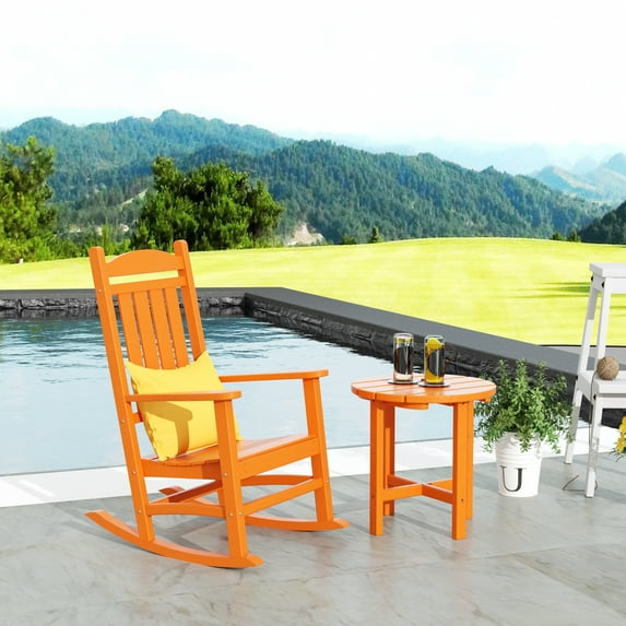 WestinTrends Malibu Classic 2 Piece Outdoor Rocking Chair Set, All Weather Poly Lumber Adirondack Rocker Patio Deck Porch Chair with Side Table, Orange