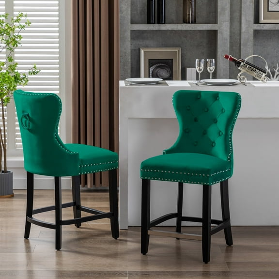 WestinTrends Wordford 24" Tufted Velvet Counter Stool (Set of 2), Black/ Dark Green
